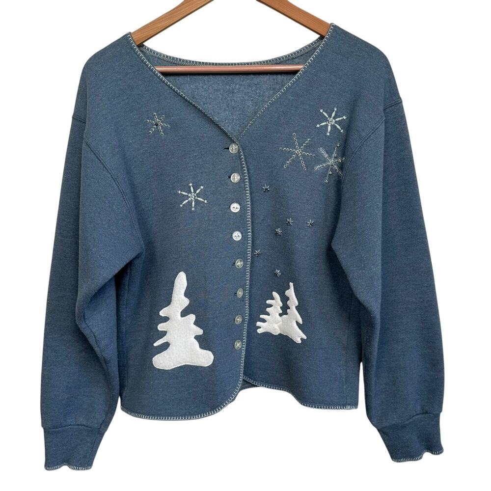 Vintage Hand Made Women’s Blue Fleece Lined Beaded Winter Holiday Cardigan M